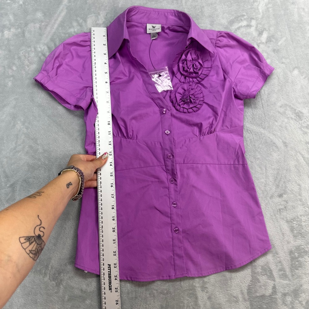 Worthington Purple Rosette Accent Short Puff Sleeve Button Down Blouse Small - Picture 4 of 5